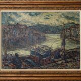 Atmospheric Signed Impressionist Oil - Barges in a Port