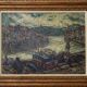 Atmospheric Signed Impressionist Oil - Barges in a Port