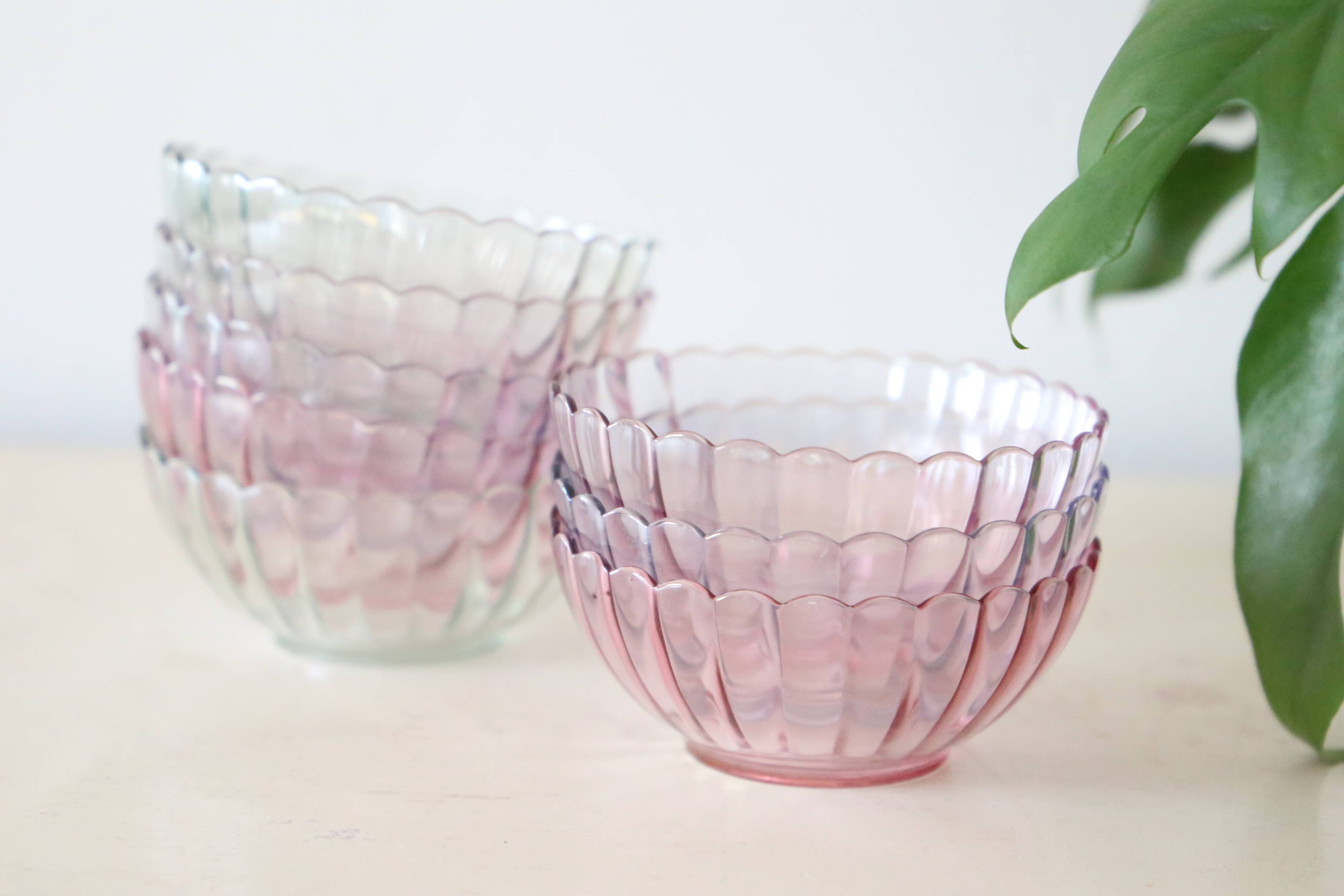 Set of 8 small bowls in pink, green and blue glass Rosaline, Arcoroc, vintage French, vintage