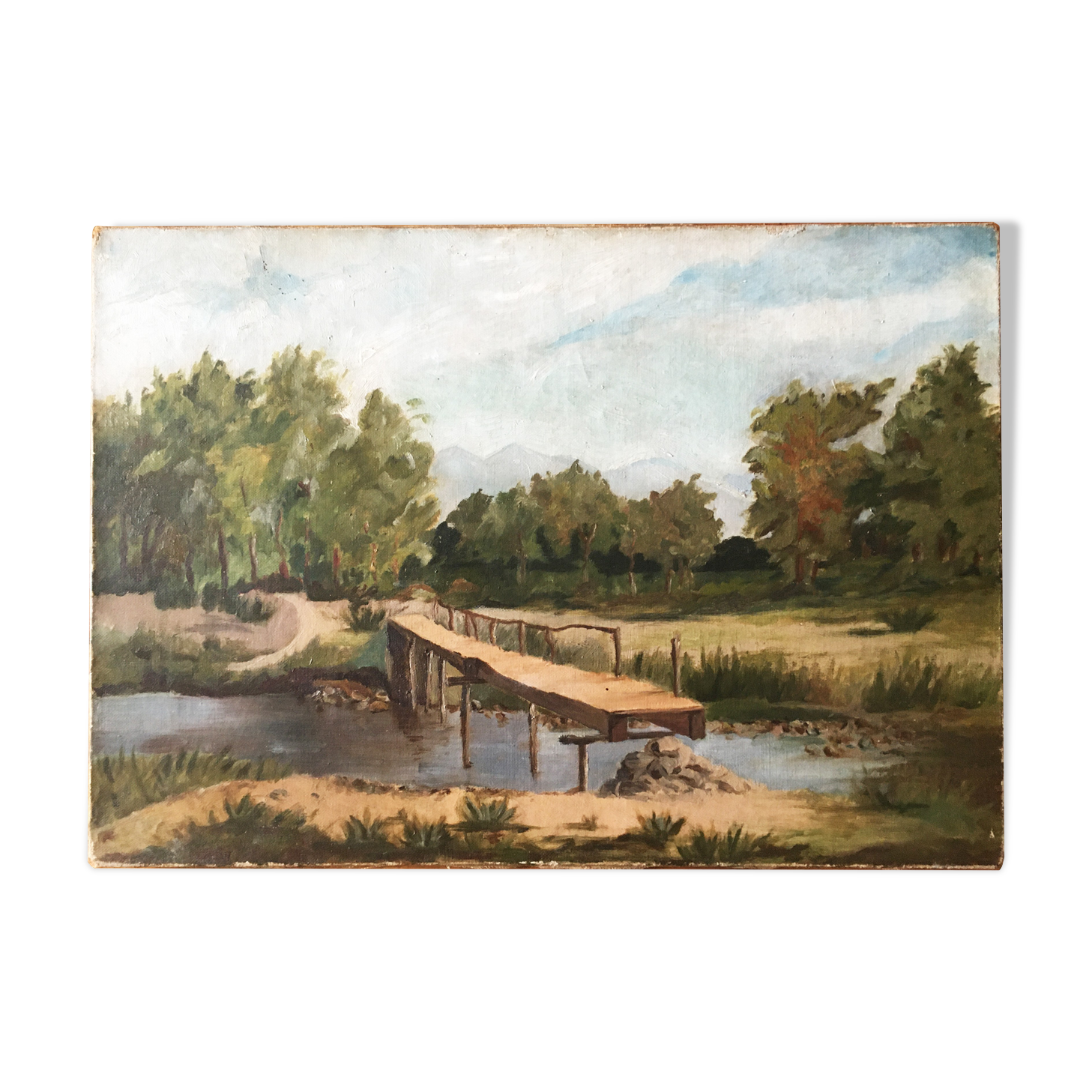 Landscape painting with wooden bridge