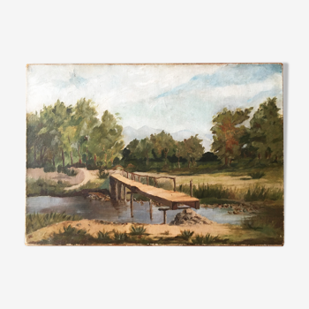 Landscape painting with wooden bridge