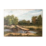 Landscape painting with wooden bridge