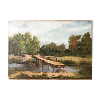 Landscape painting with wooden bridge