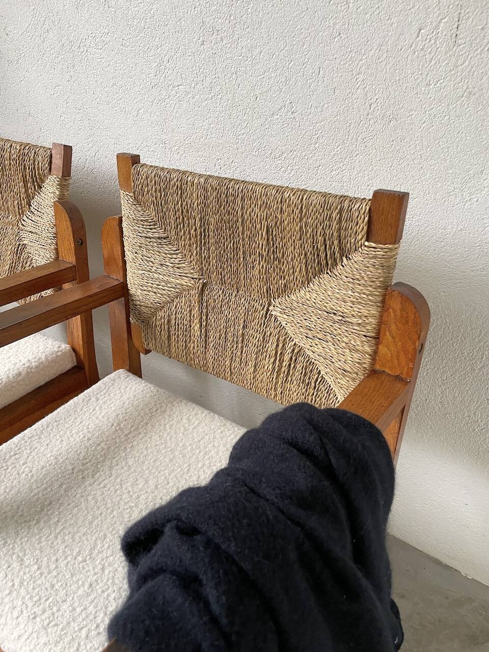 Pair of oak and straw armchairs, reconstruction style