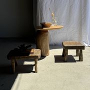 Petit stool, tabouret d'appoint en teck massif rectangulaire arrondie