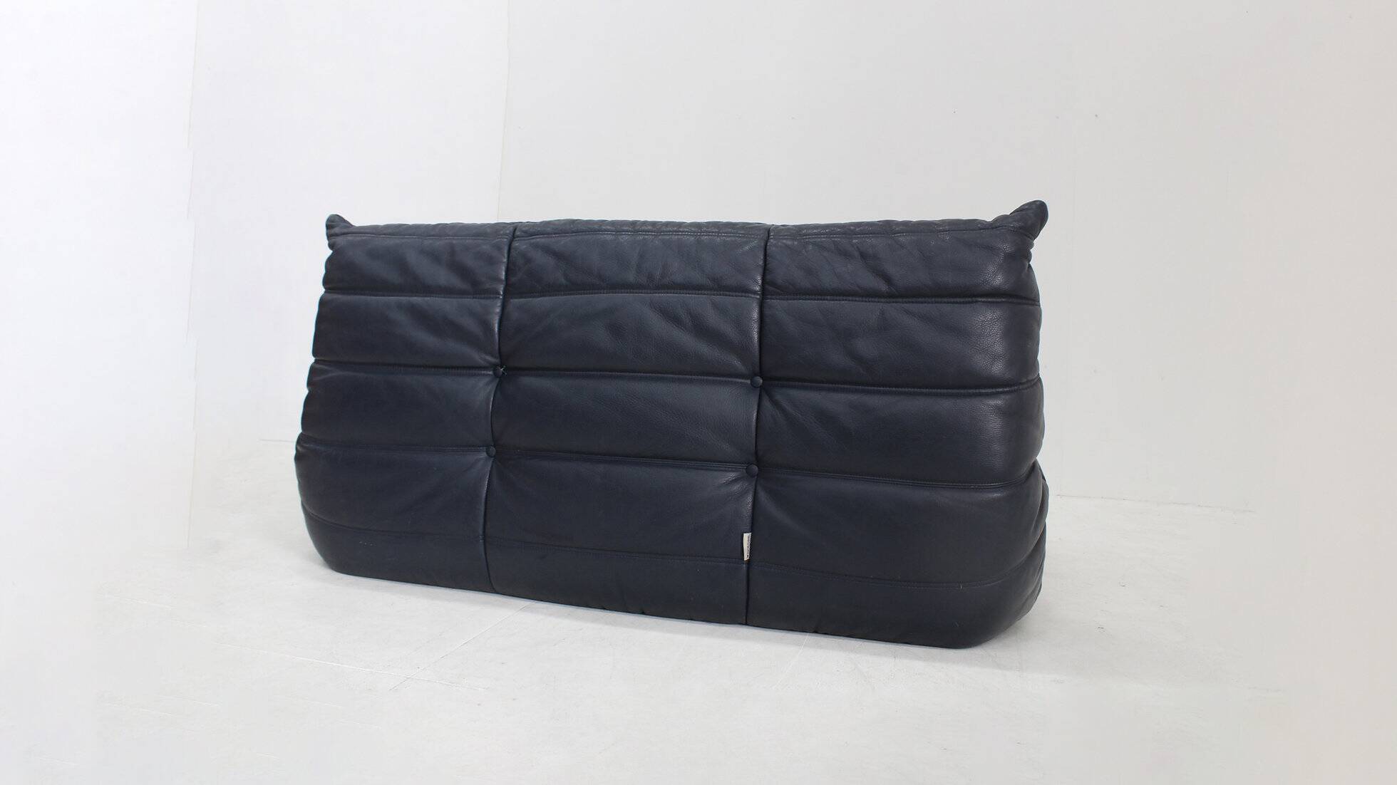 Vintage Togo Ligne Roset 2 seater sofa blue leather by Michel Ducaroy 1990s