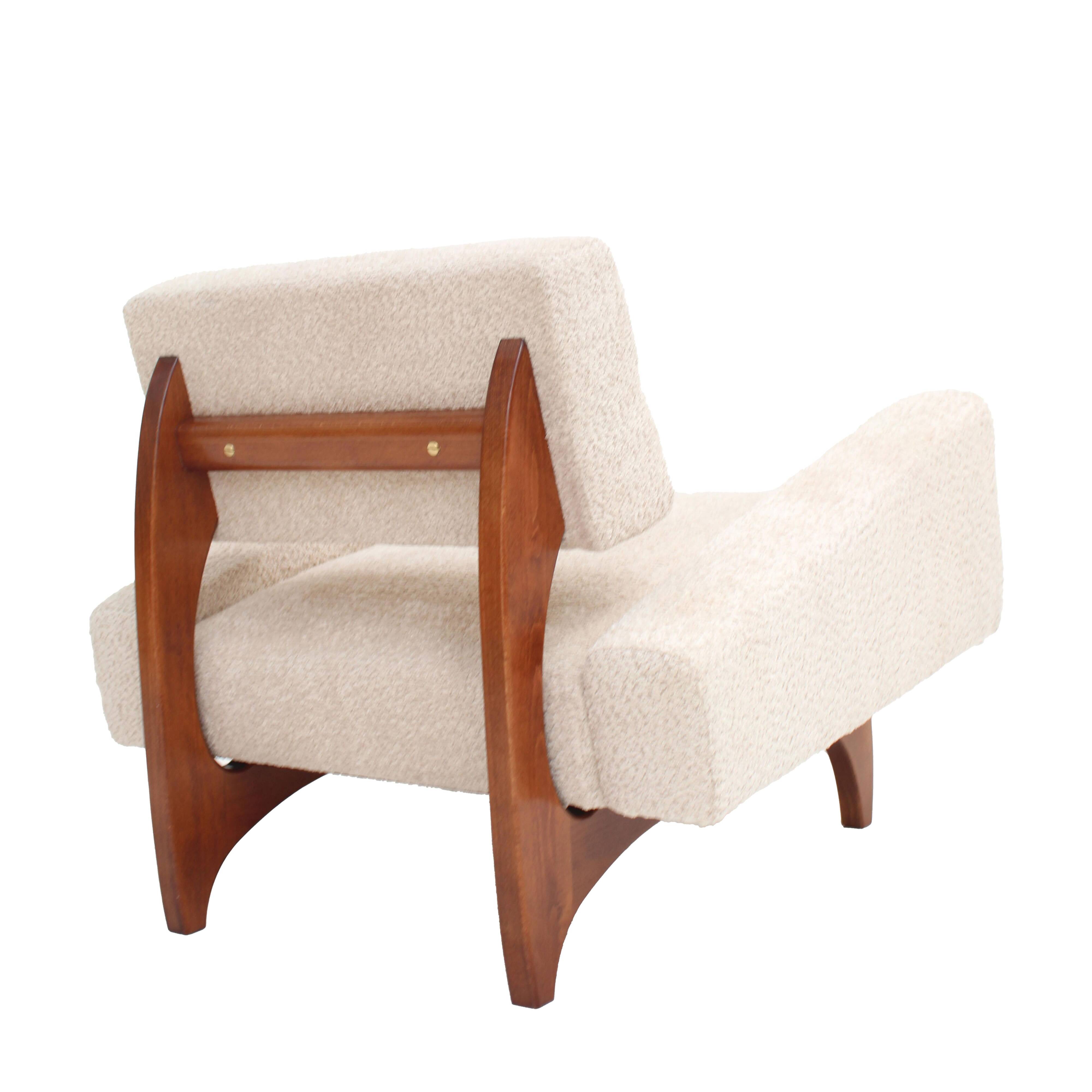 Pair of Italian Contemporary Walnut Armchairs with White Bouclé Upholstery