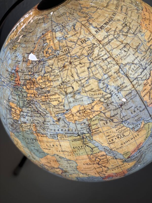Globe vintage 1962 terrestre mappemonde verre tripode Taride - 28 cm