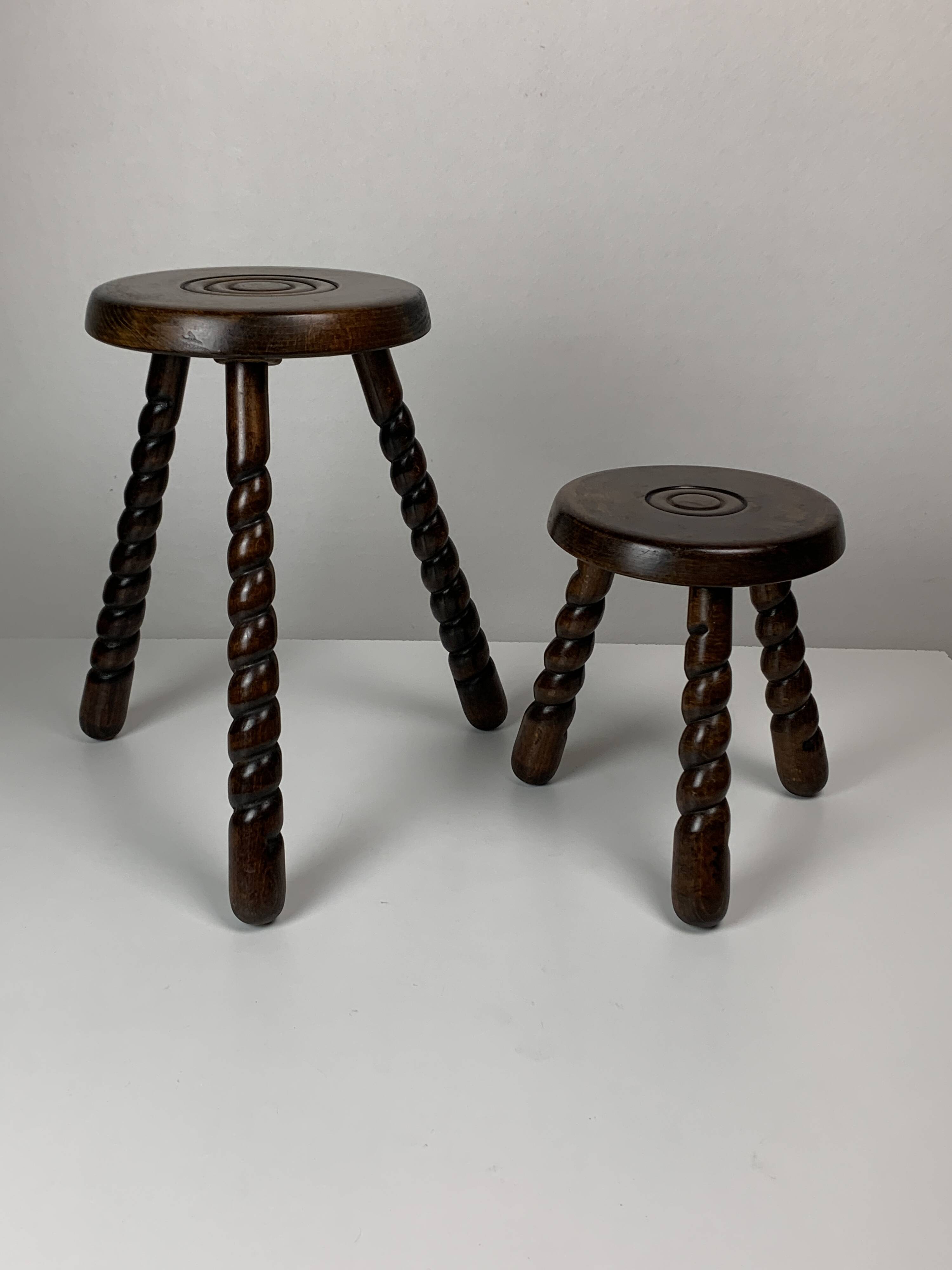 Pair of 2 midcentury brutalist modernist wood turned stools, ca 1950s