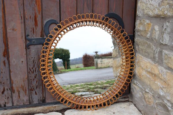 Miroir mural rotin italien 1960