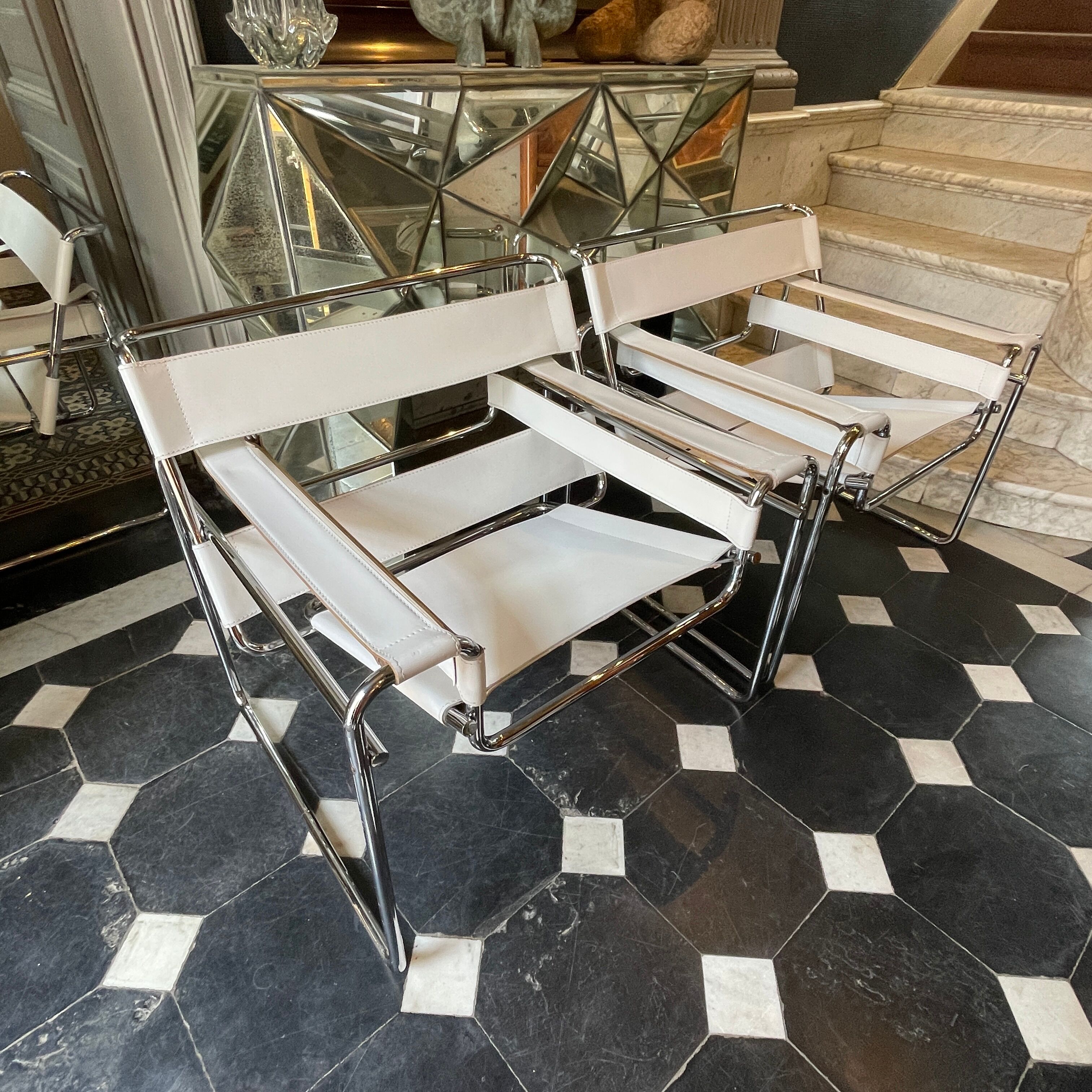 Pair of leather and steel armchairs by marcel breuer for gavina, " wassily b3 "