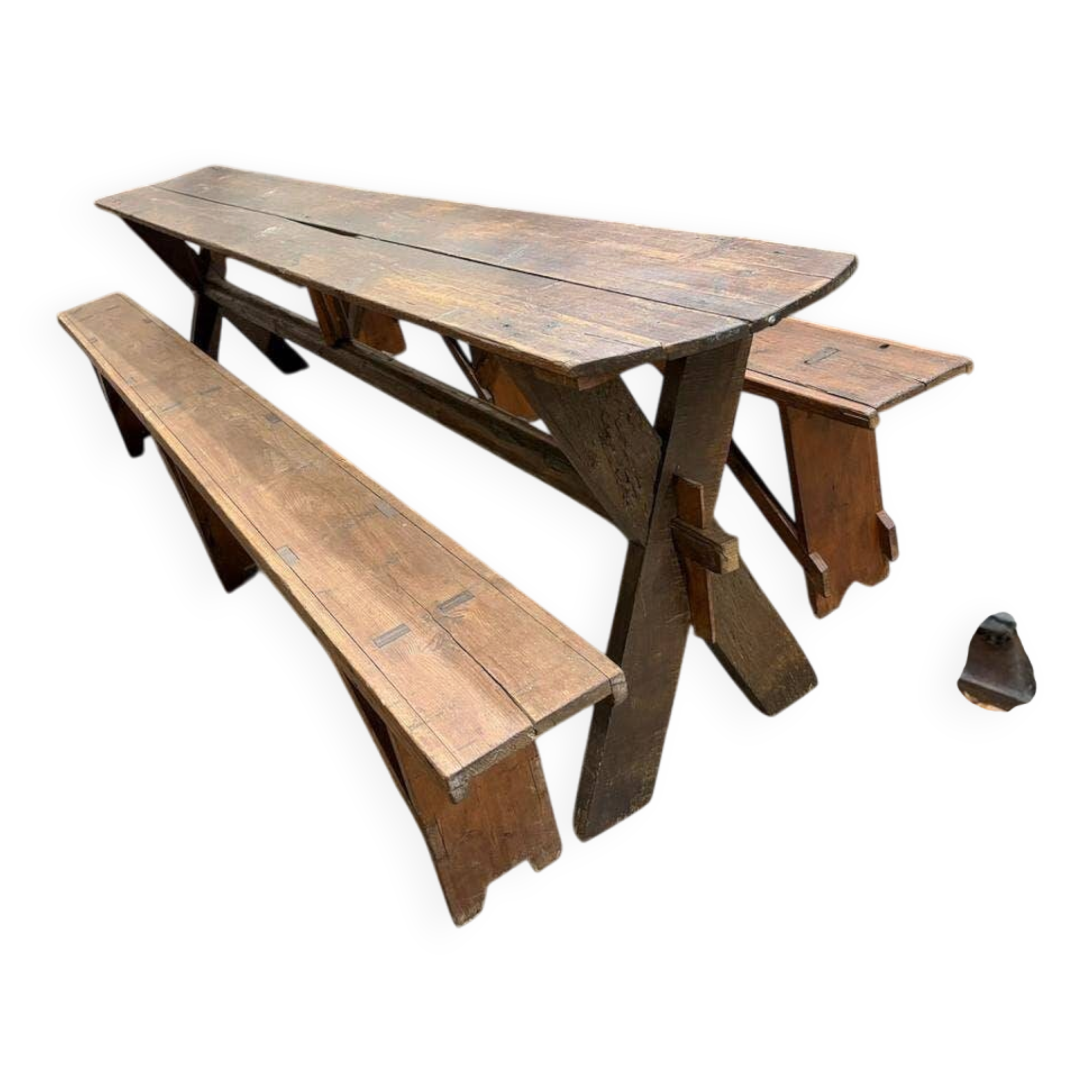 Table XL vintage en bois / Table de jardin avec bancs intégrés