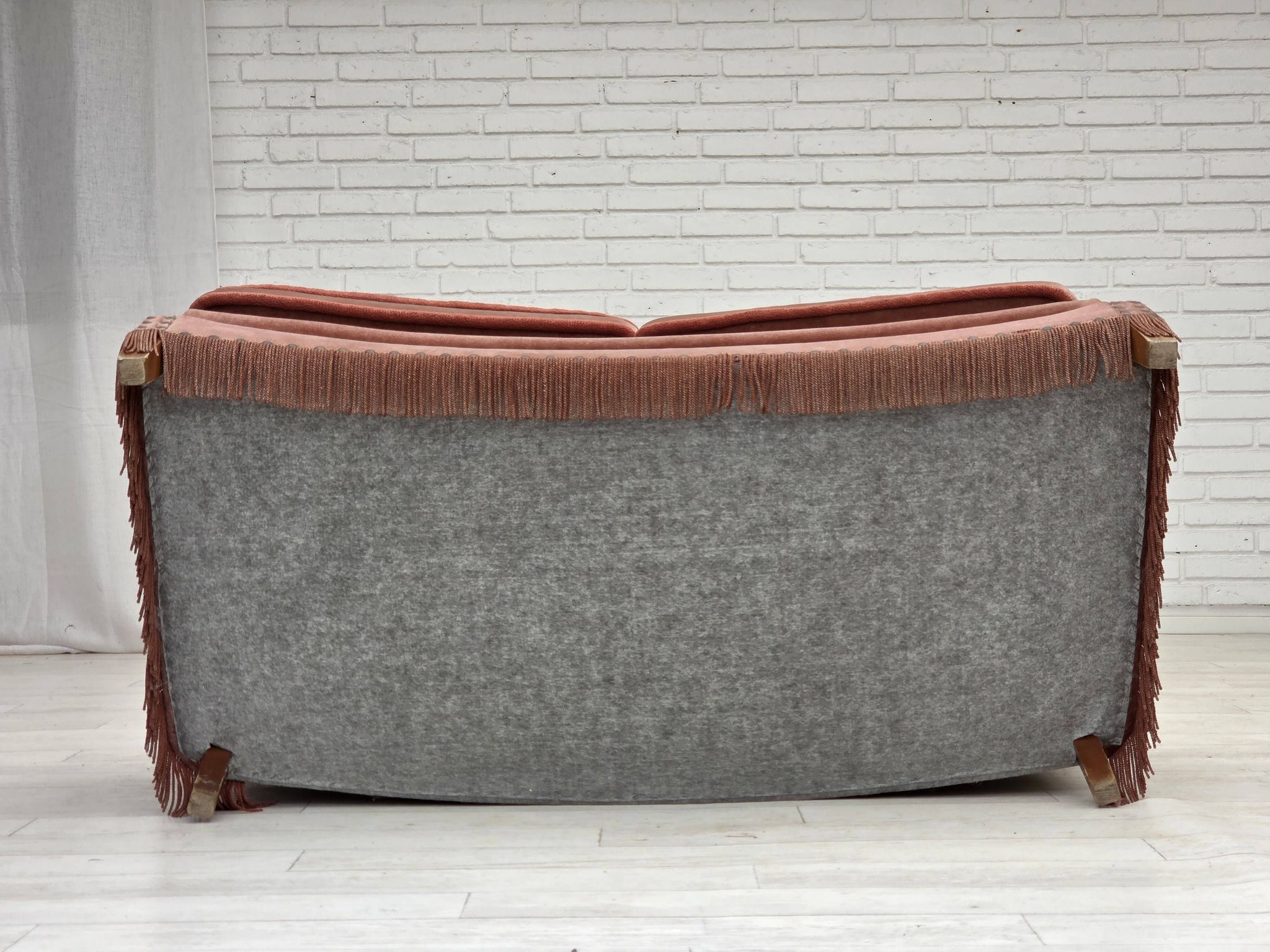 1970s, Danish 2-seater sofa, salmon pink furniture velour, beech wood.