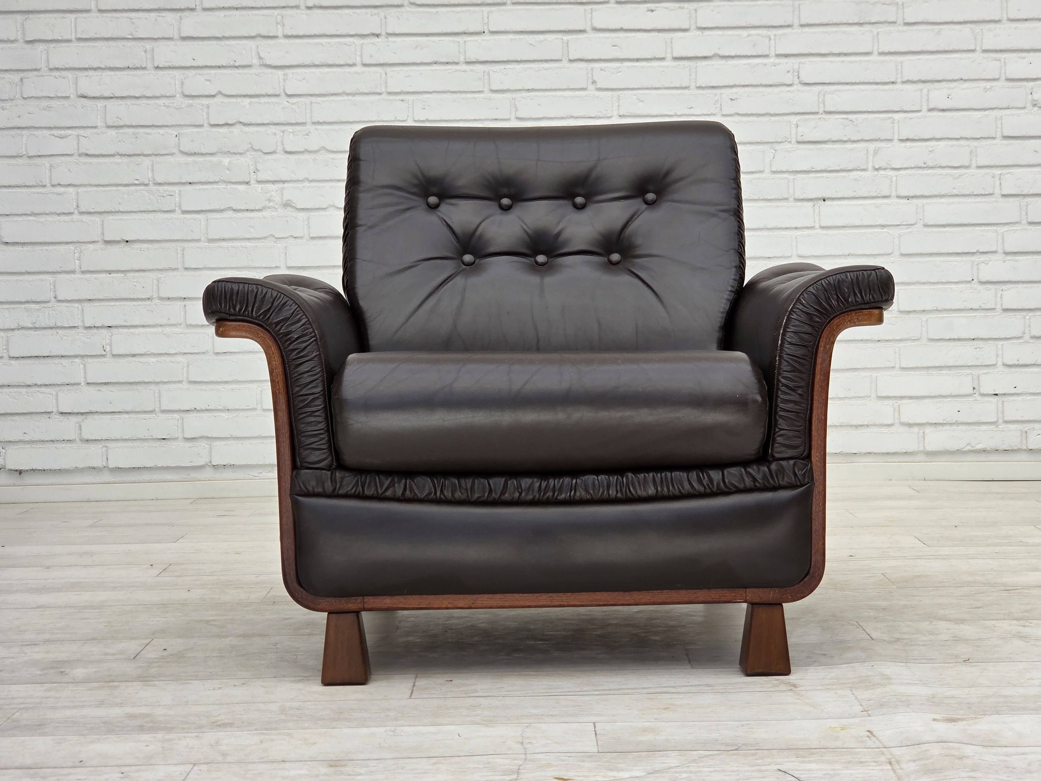 1970s, Scandinavian armchair, brown furniture leather, teak wood legs.