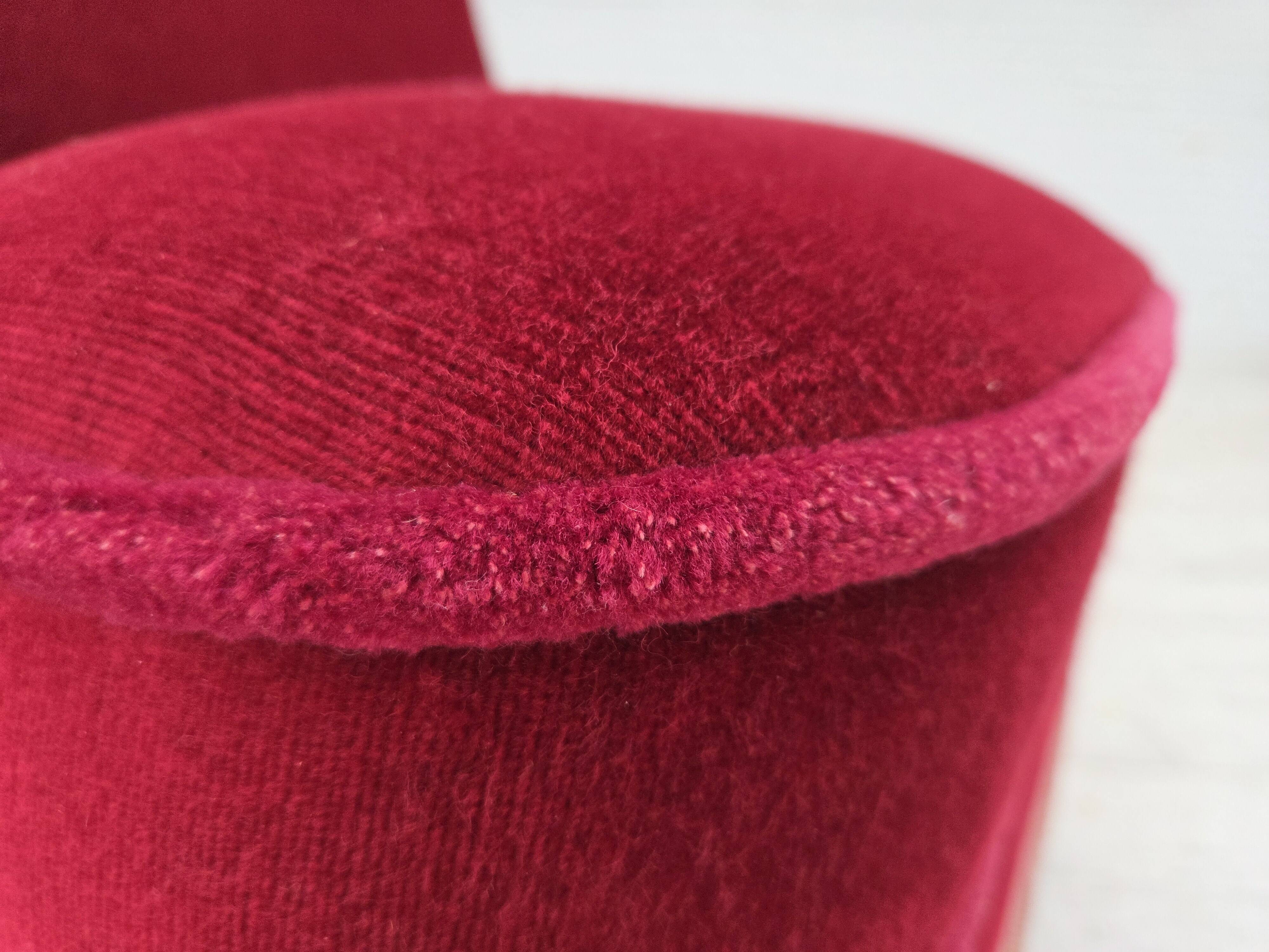 1960s, Danish armchair, original red furniture velour, beech wood legs.
