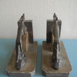 Paire de serre-livres lévriers Art déco en bronze et marbre