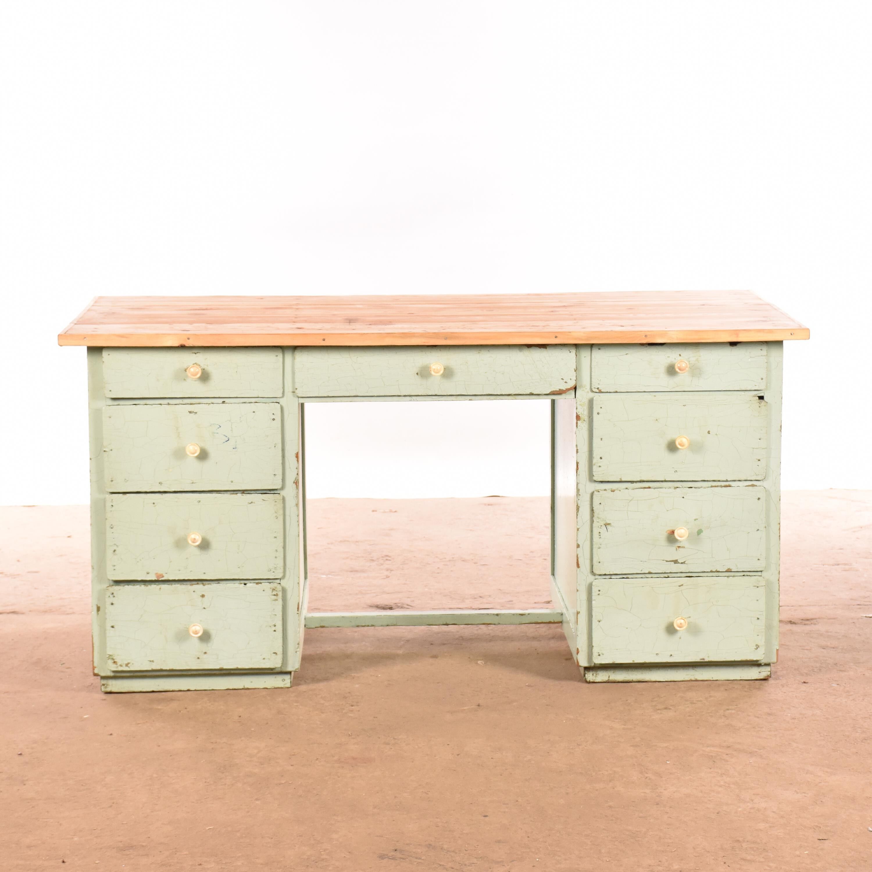 Industrial old desk workbench light green