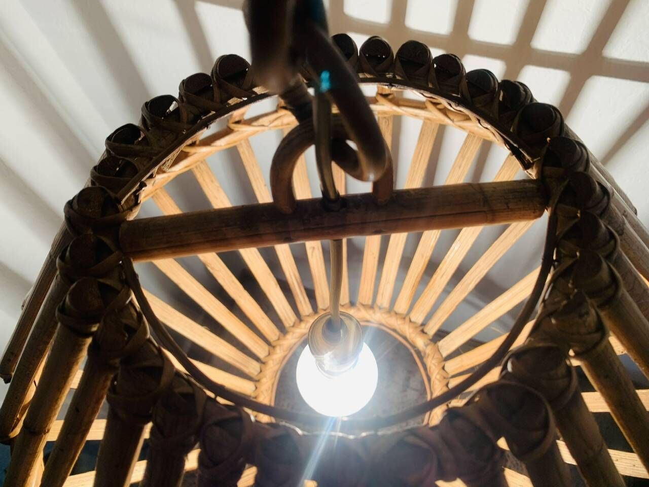 Large vintage pendant light in bamboo and rattan, circa 1960's