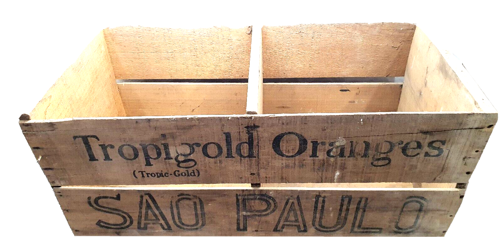 Old wooden advertising box Tropigold oranges Sao Paulo vintage