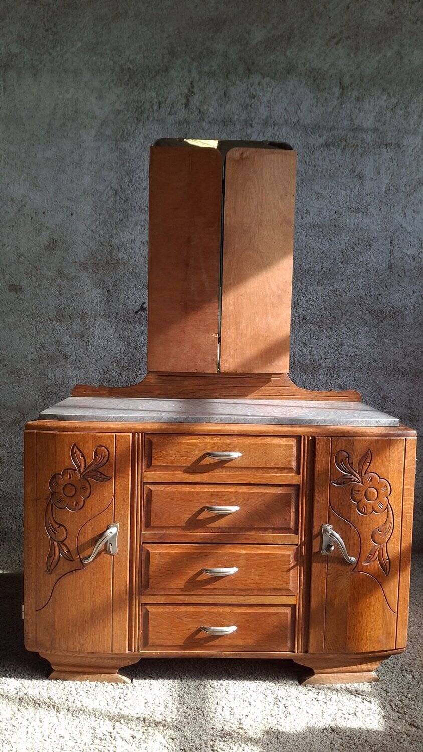 Art Deco hairdresser from the 1930s – Oak, marble, triptych mirror