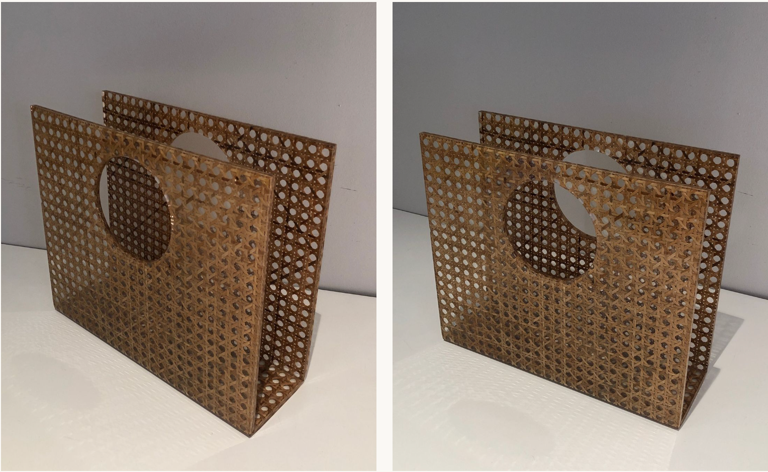 Acrylic magazine rack with inlaid cane.