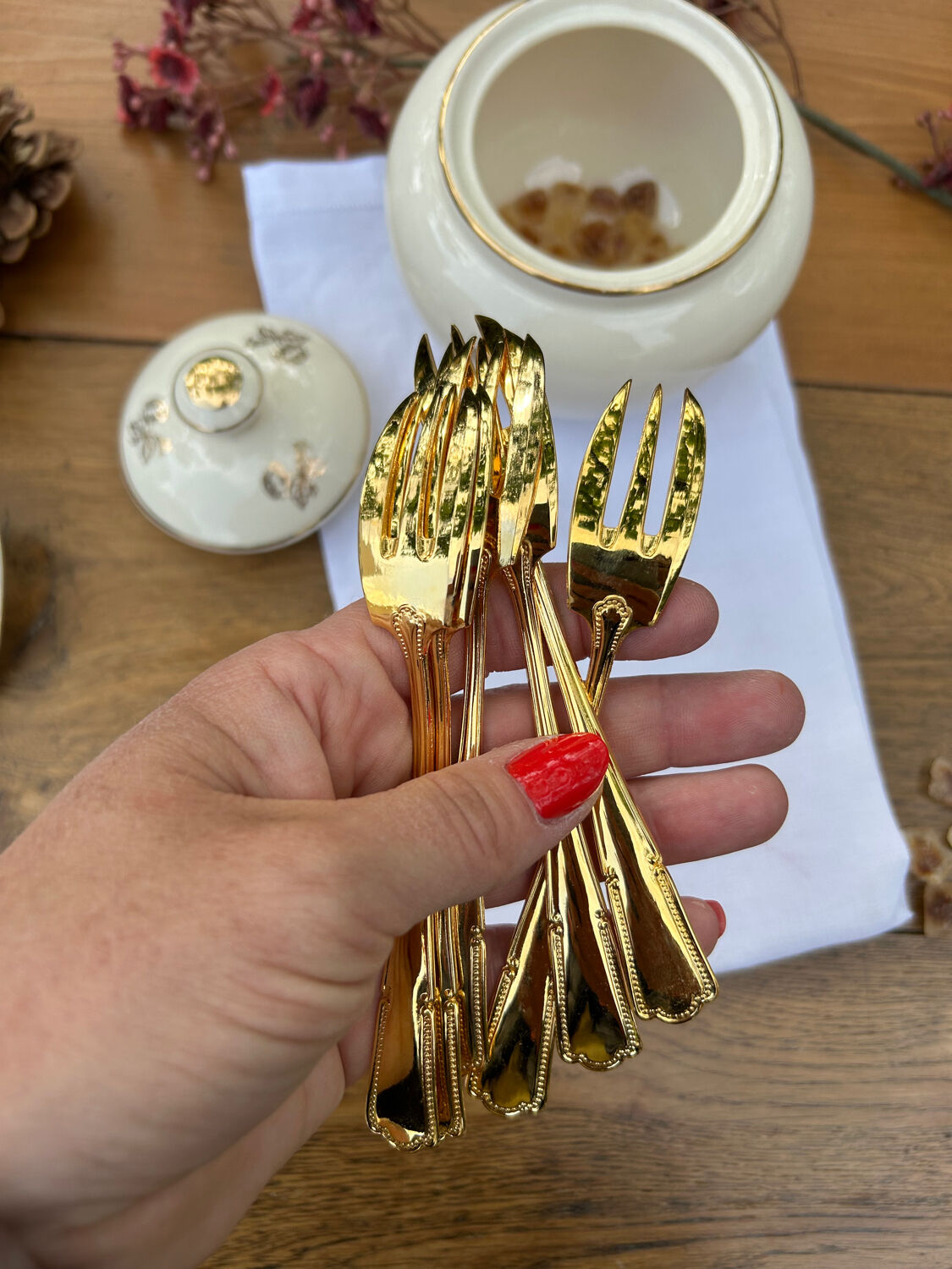 6 vintage golden metal dessert forks