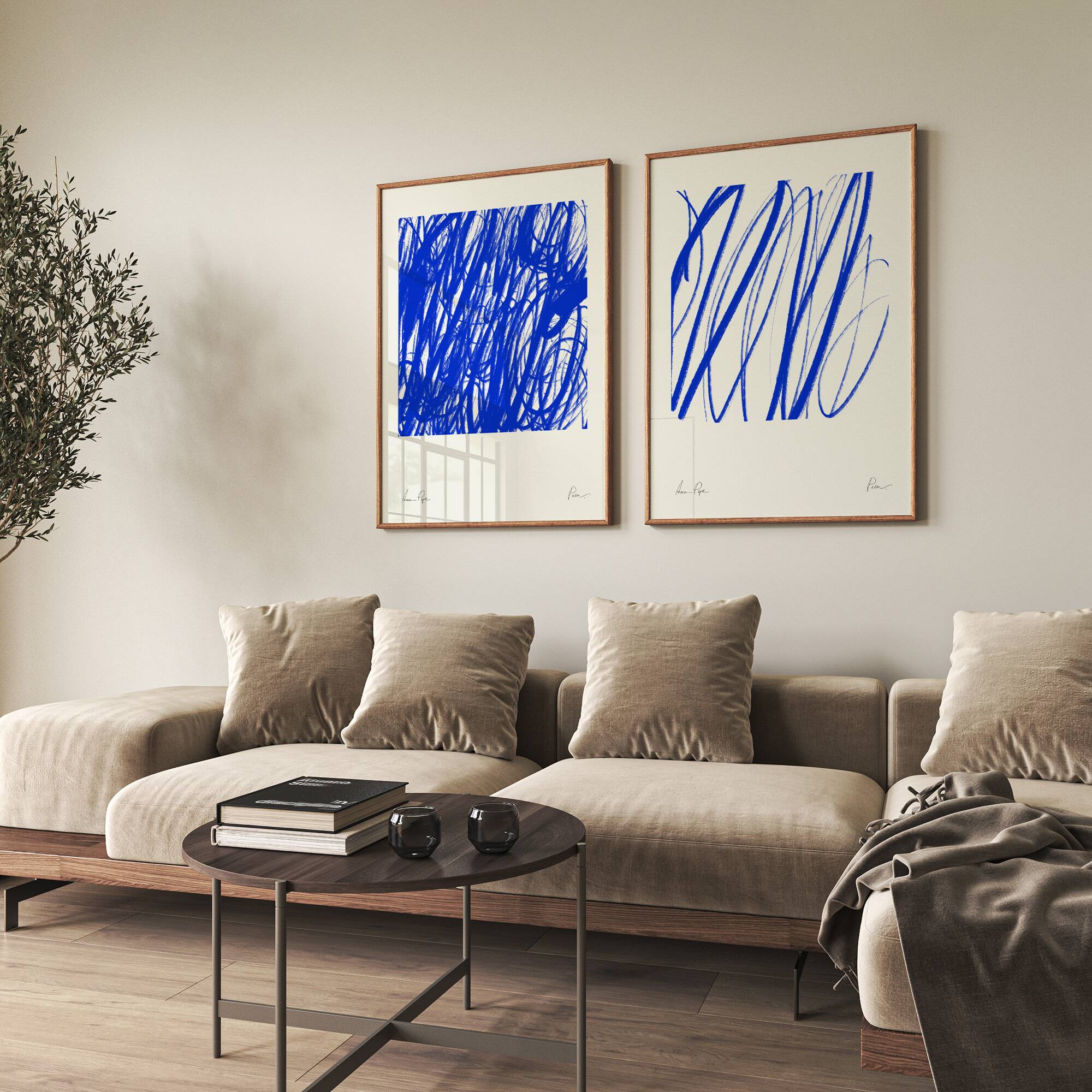 Pair of blue line prints, abstract wall art set of two, 50x70cm