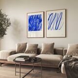 Pair of blue line prints, abstract wall art set of two, 50x70cm