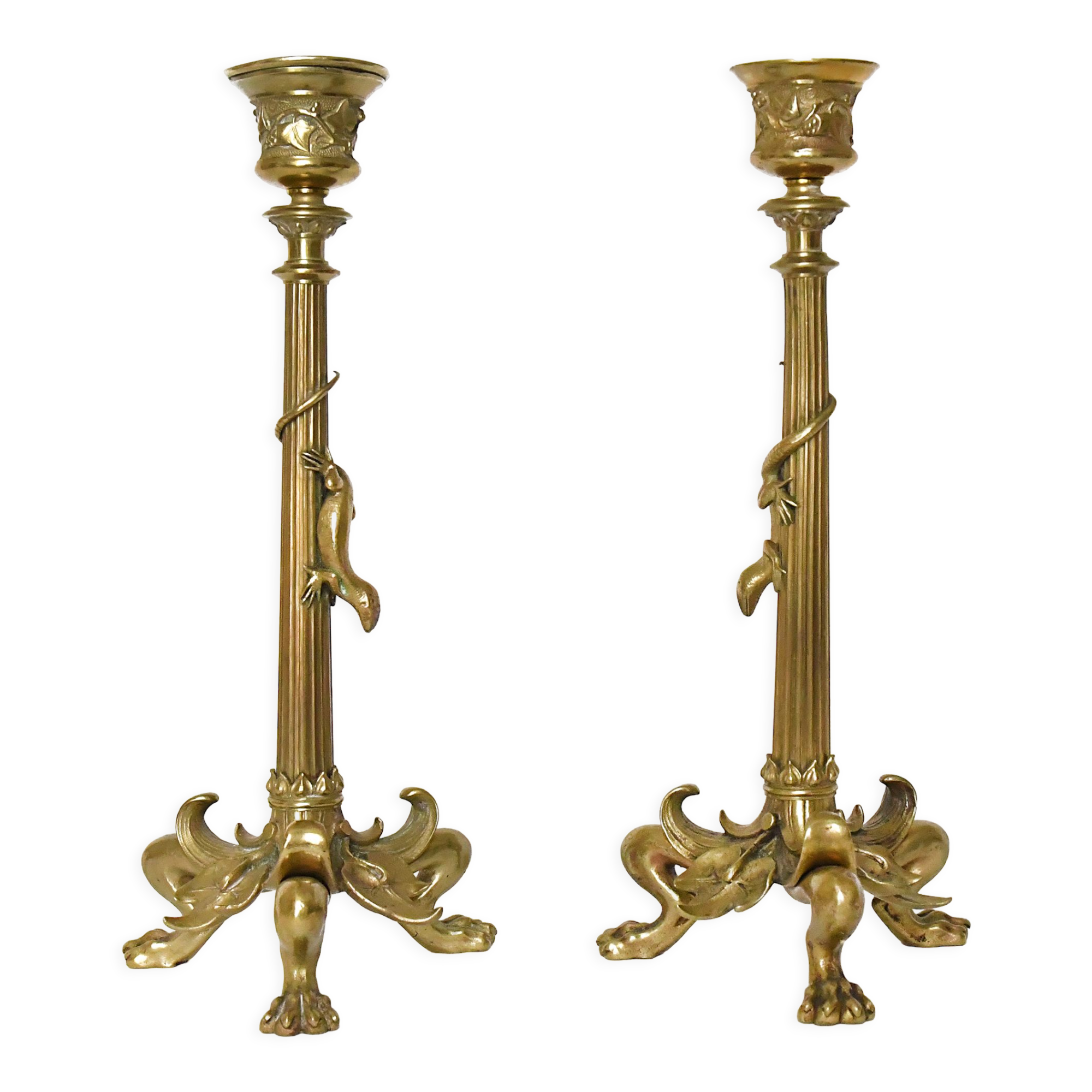 Pair of gilded bronze candlesticks decorated with lizards