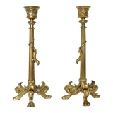 Pair of gilded bronze candlesticks decorated with lizards