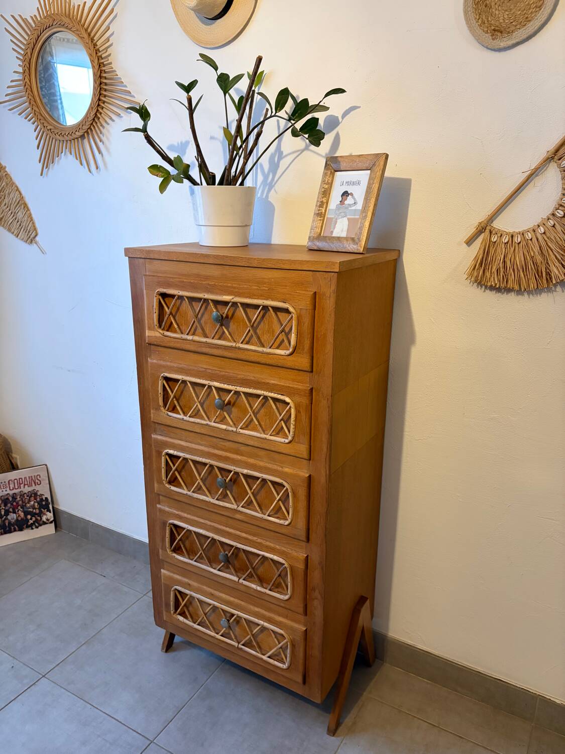Vintage oak and rattan chest of drawers