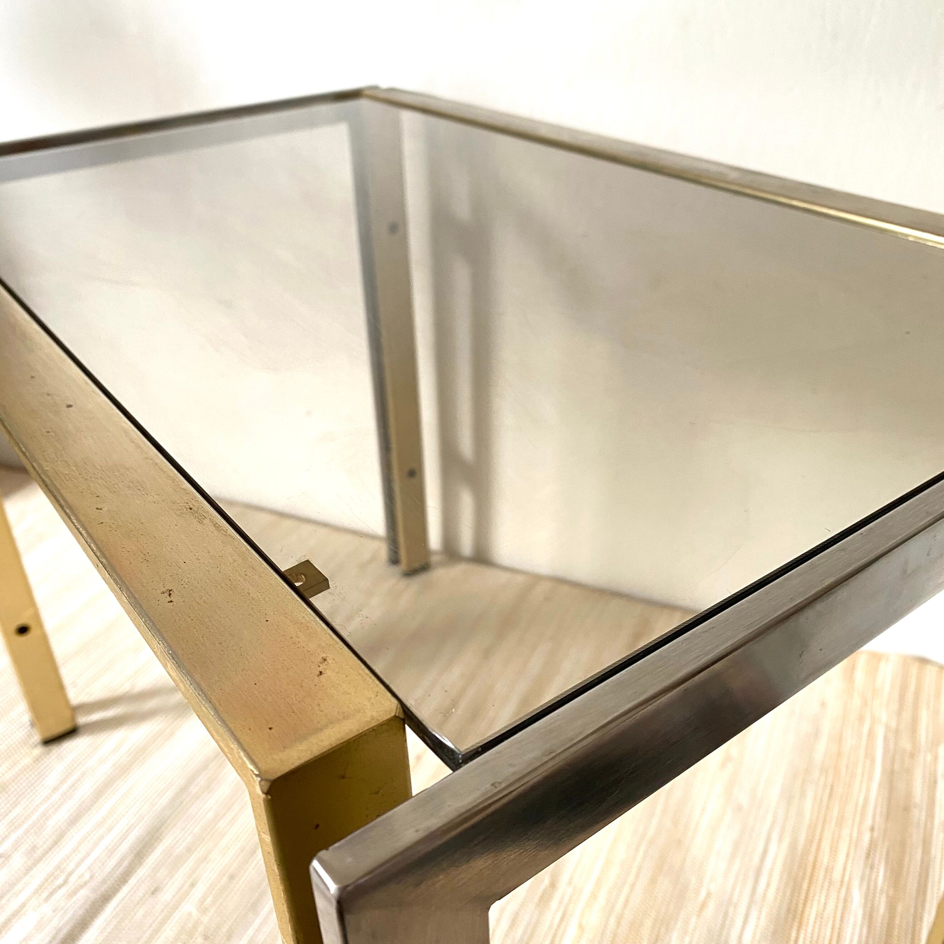 Side table, end of sofa in smoked glass and metal, 70s.