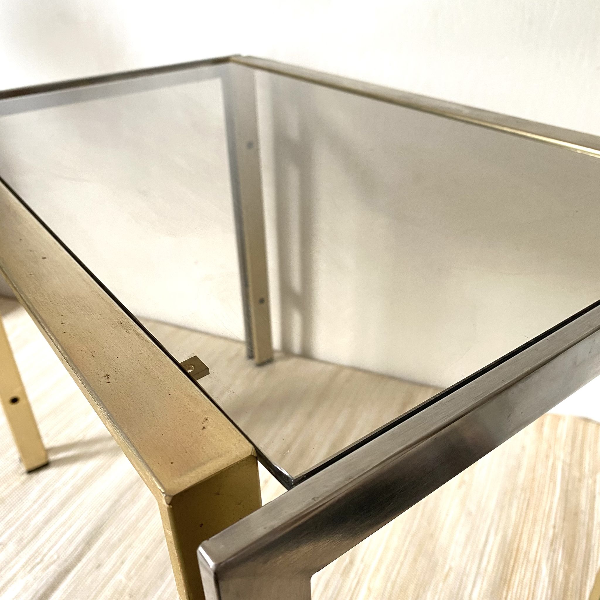 Side table, end of sofa in smoked glass and metal, 70s.