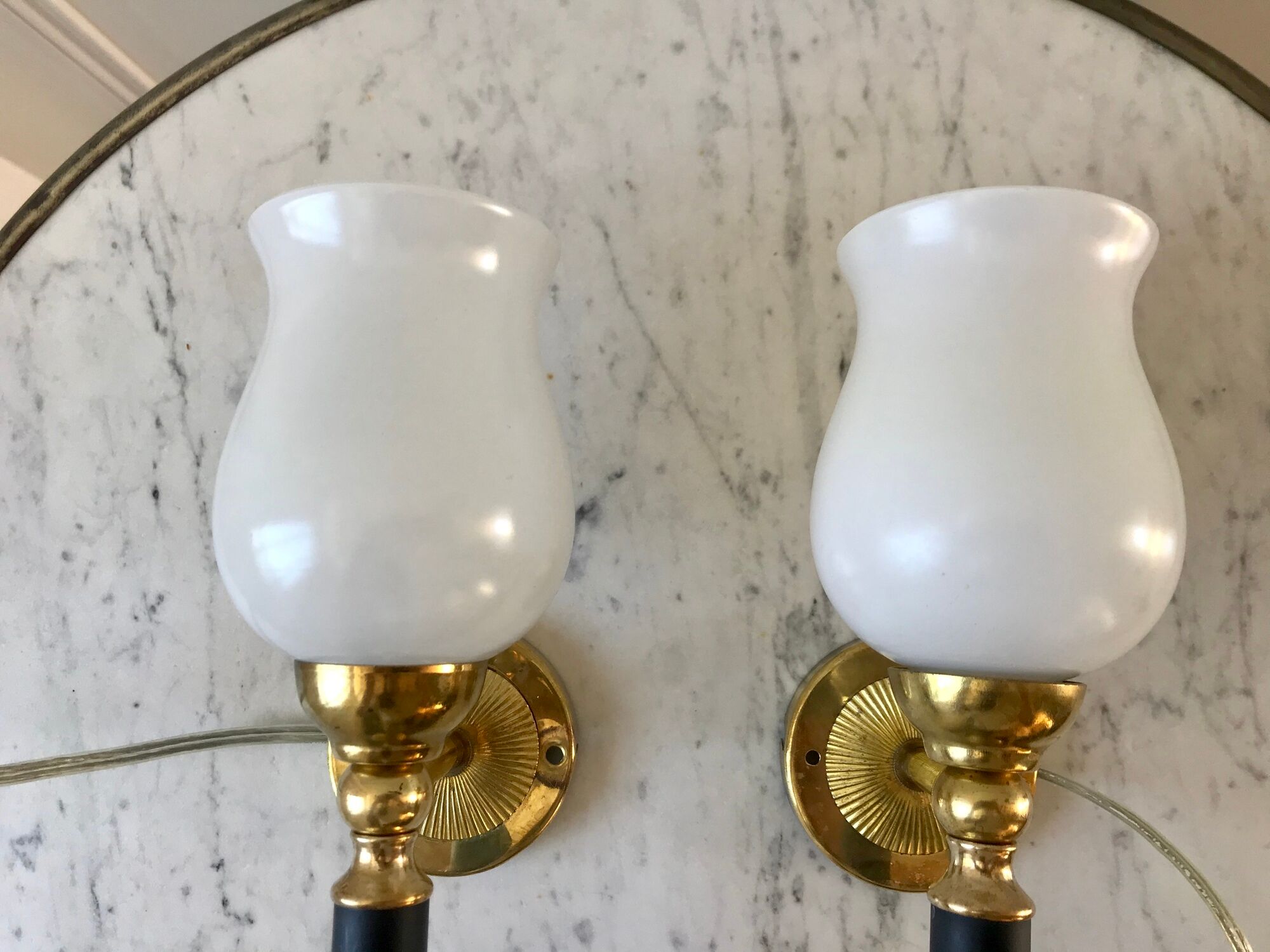 Pair of opaline and golden brass wall lamps art deco style 30s
