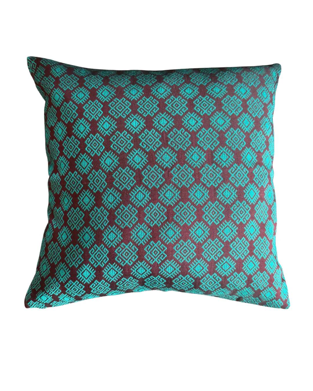 Burgundy and turquoise Kachin cushion cover (RIDA)