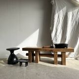 Solid wood bench with openwork base crossed by a cylinder - Mango wood