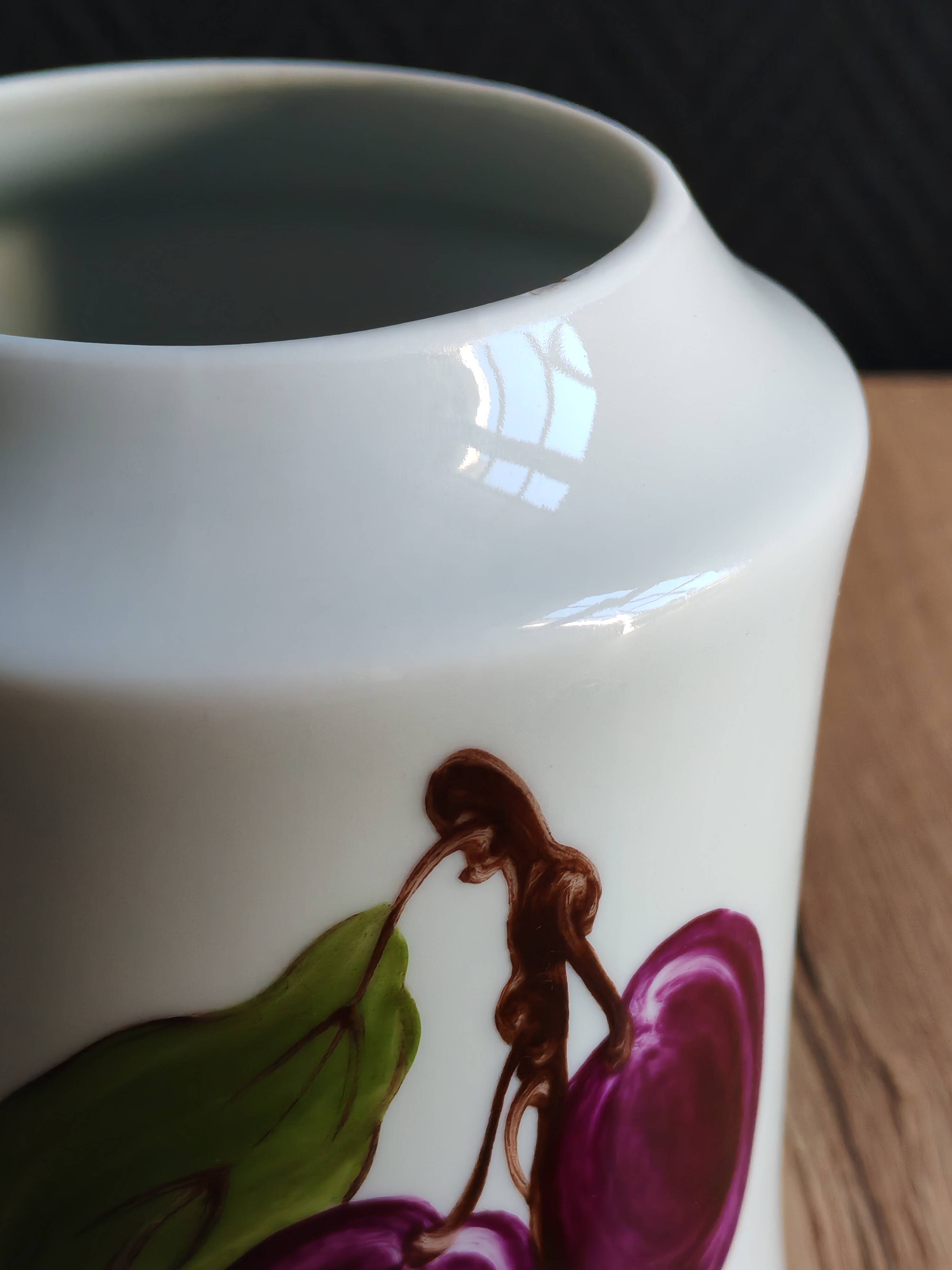 Porcelain jam pot with hand-painted plum design, signed sweet jar.