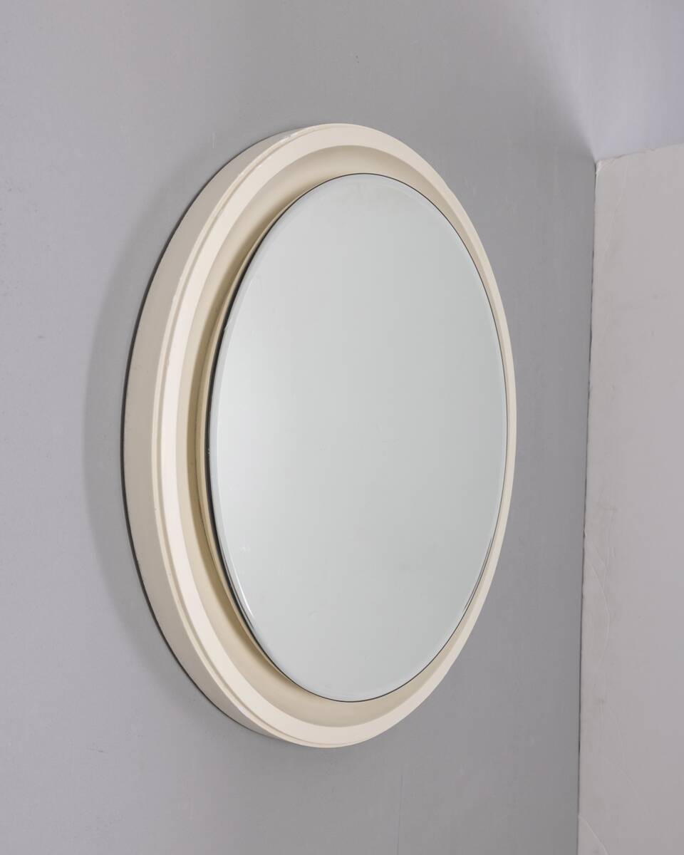 VINTAGE ROUND WALL MIRROR FROM THE 1970S IN WHITE WOOD, ITALIAN DESIGN