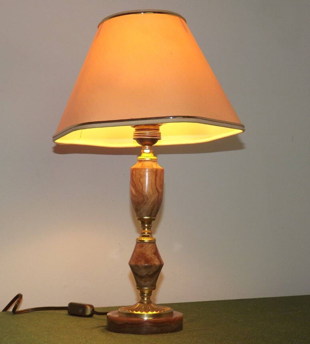 French vintage round brown marble table lamp gold detail beige fabric shade 4059