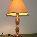 French vintage round brown marble table lamp gold detail beige fabric shade 4059