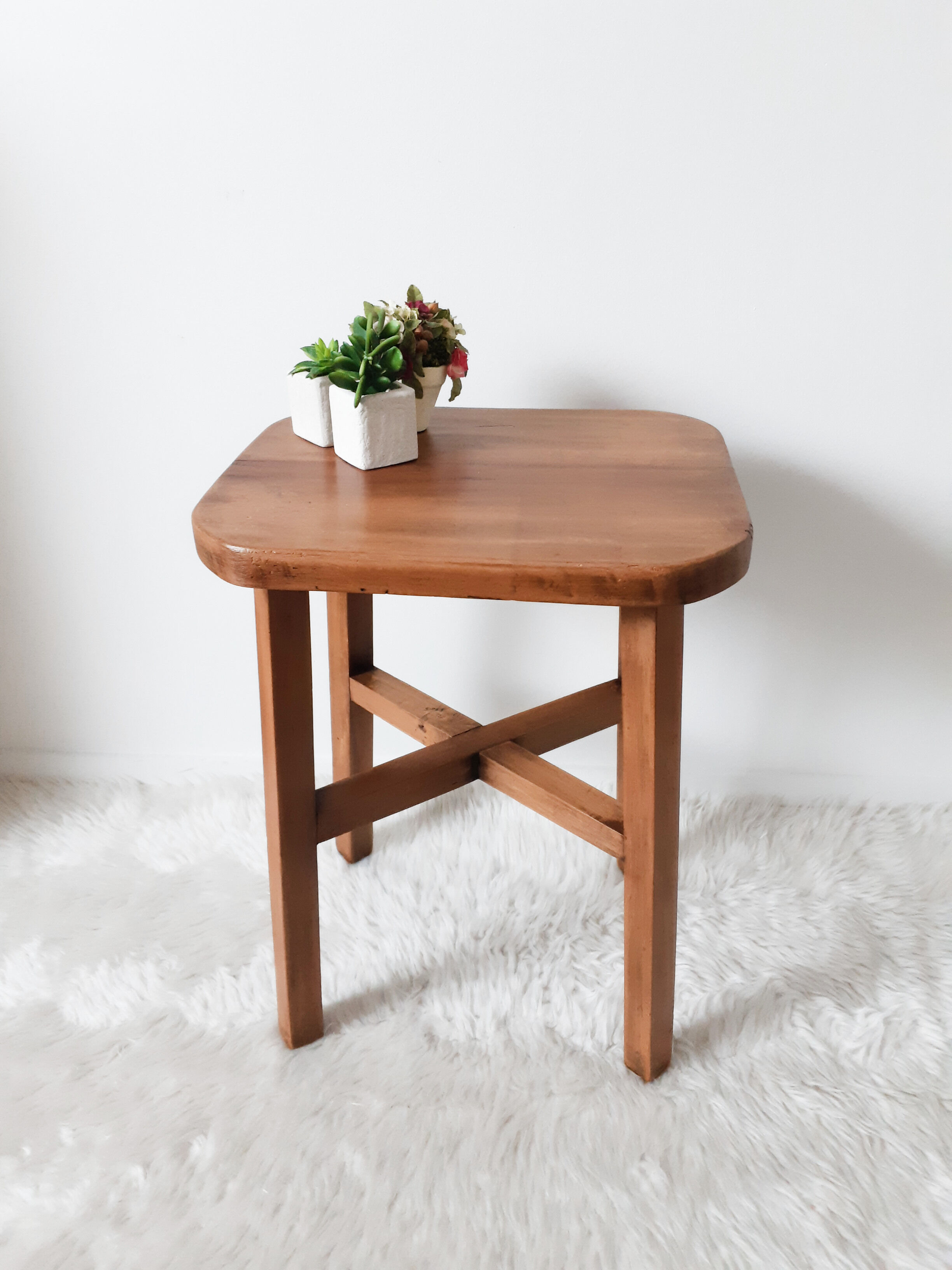 Antique waxed wood stool, side table, vintage seat, farmhouse stool