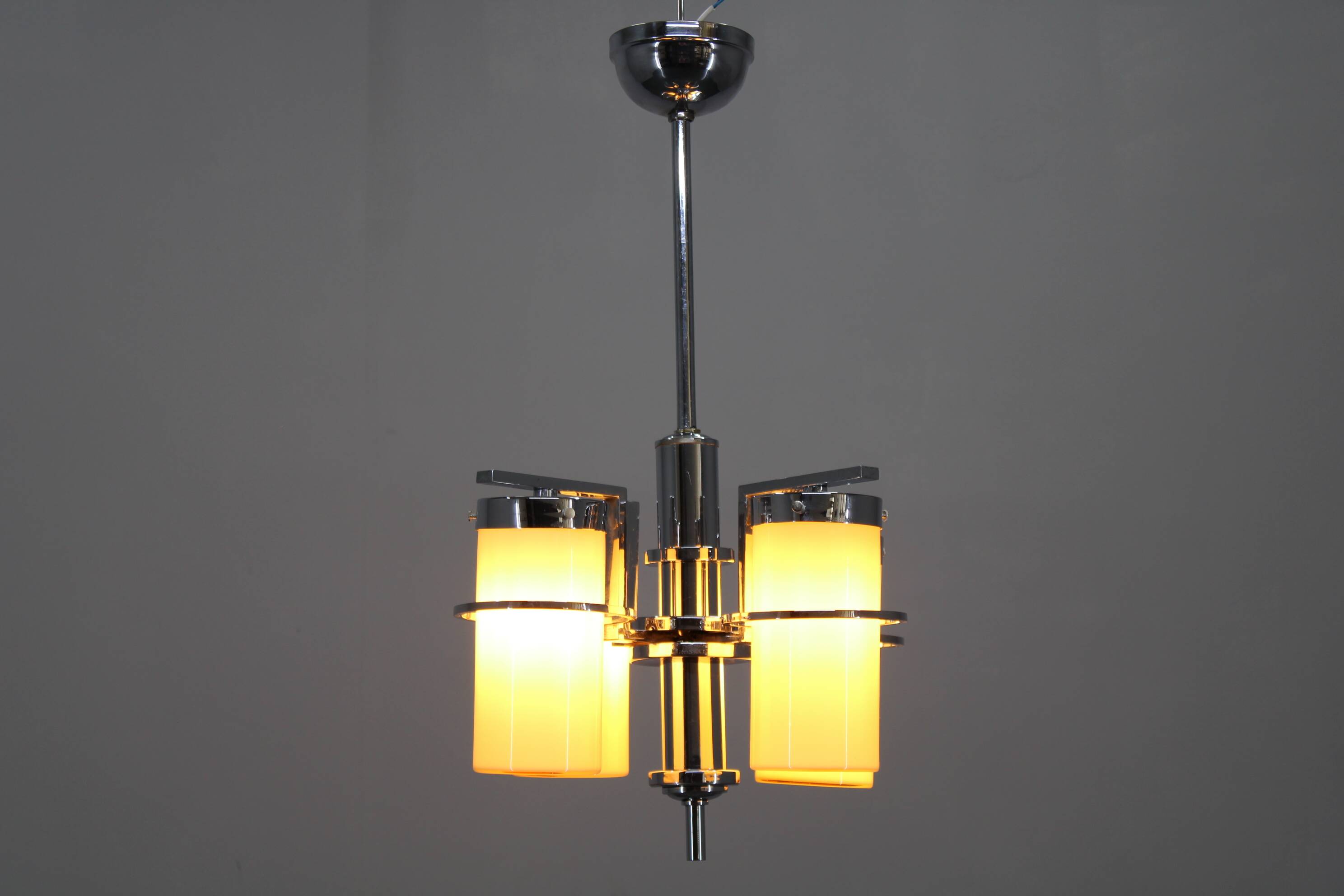 Restored Bauhaus/Art Deco chrome & glass chandelier, Czechoslovakia, 1930s