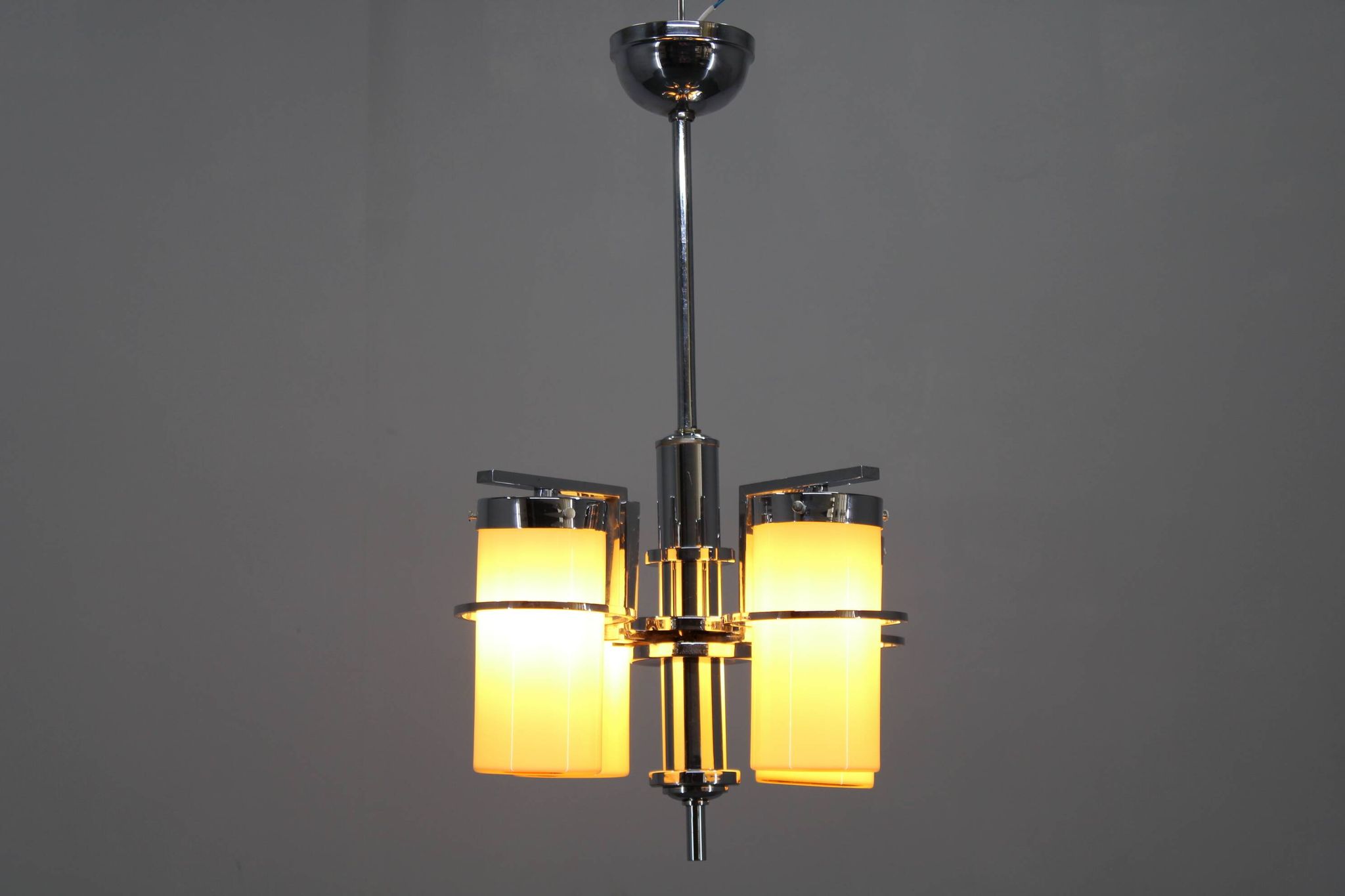 Restored Bauhaus/Art Deco chrome & glass chandelier, Czechoslovakia, 1930s