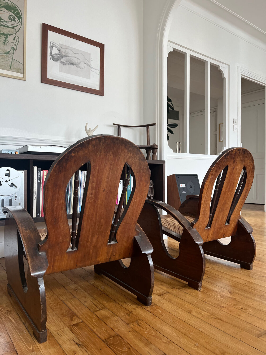 Pair of Art Deco armchairs in wood and cane.