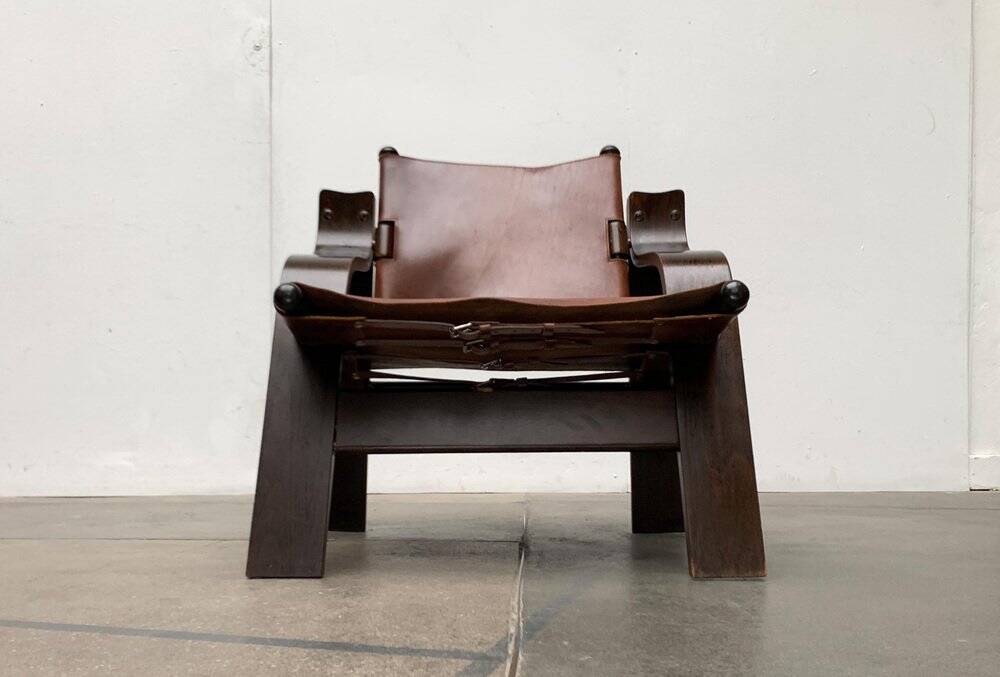 Brutalist Mid-Century Safari Armchair in Wood and Leather, 1960s