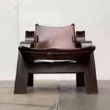 Brutalist Mid-Century Safari Armchair in Wood and Leather, 1960s