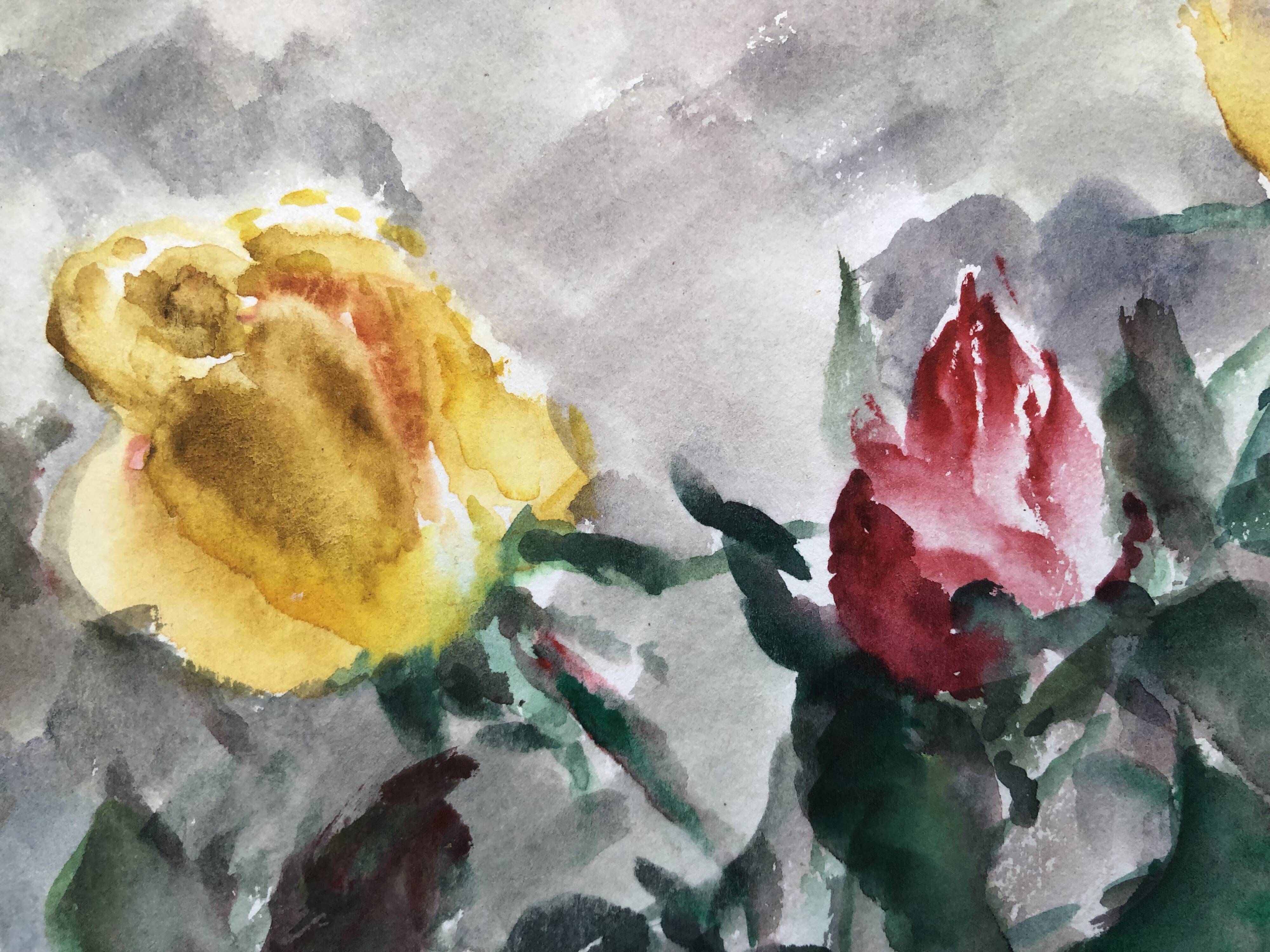 Aquarelle signé godeau : fleurs roses dans vase en verre, figuratif, peinture sur papier sans cadre