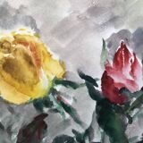 Watercolor signed godeau: pink flowers in glass vase, figurative, painting on paper without frame