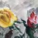 Watercolor signed godeau: pink flowers in glass vase, figurative, painting on paper without frame