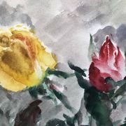 Watercolor signed godeau: pink flowers in glass vase, figurative, painting on paper without frame